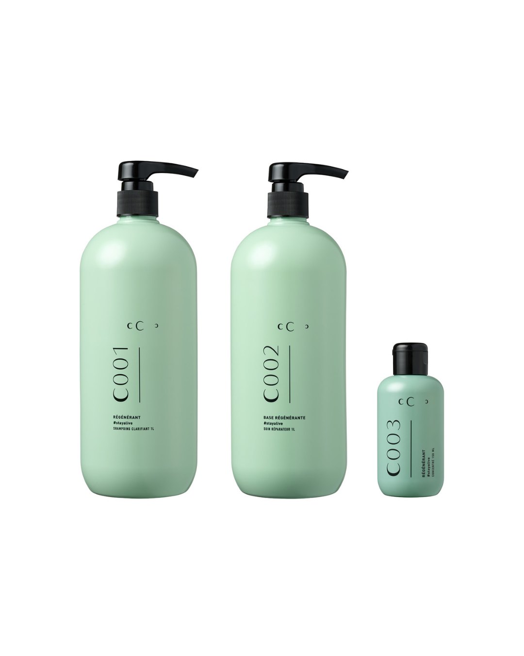CUBACHANCE KIT SOIN REGENERANT STAYALIVE with two large green pump bottles and one small bottle for professional hair care regeneration.